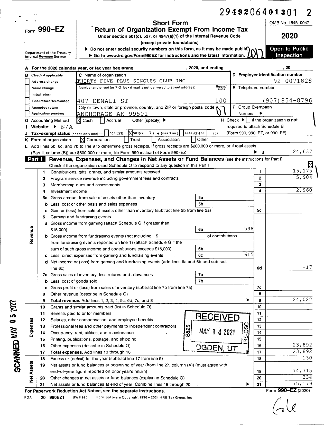 Image of first page of 2020 Form 990EO for Thirty Five Plus Singles Club