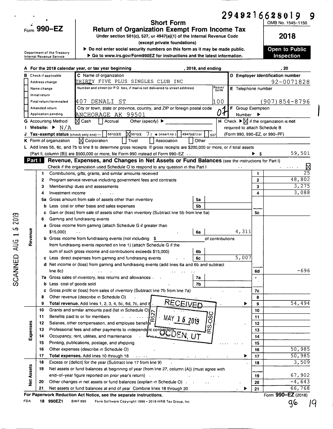 Image of first page of 2018 Form 990EO for Thirty Five Plus Singles Club