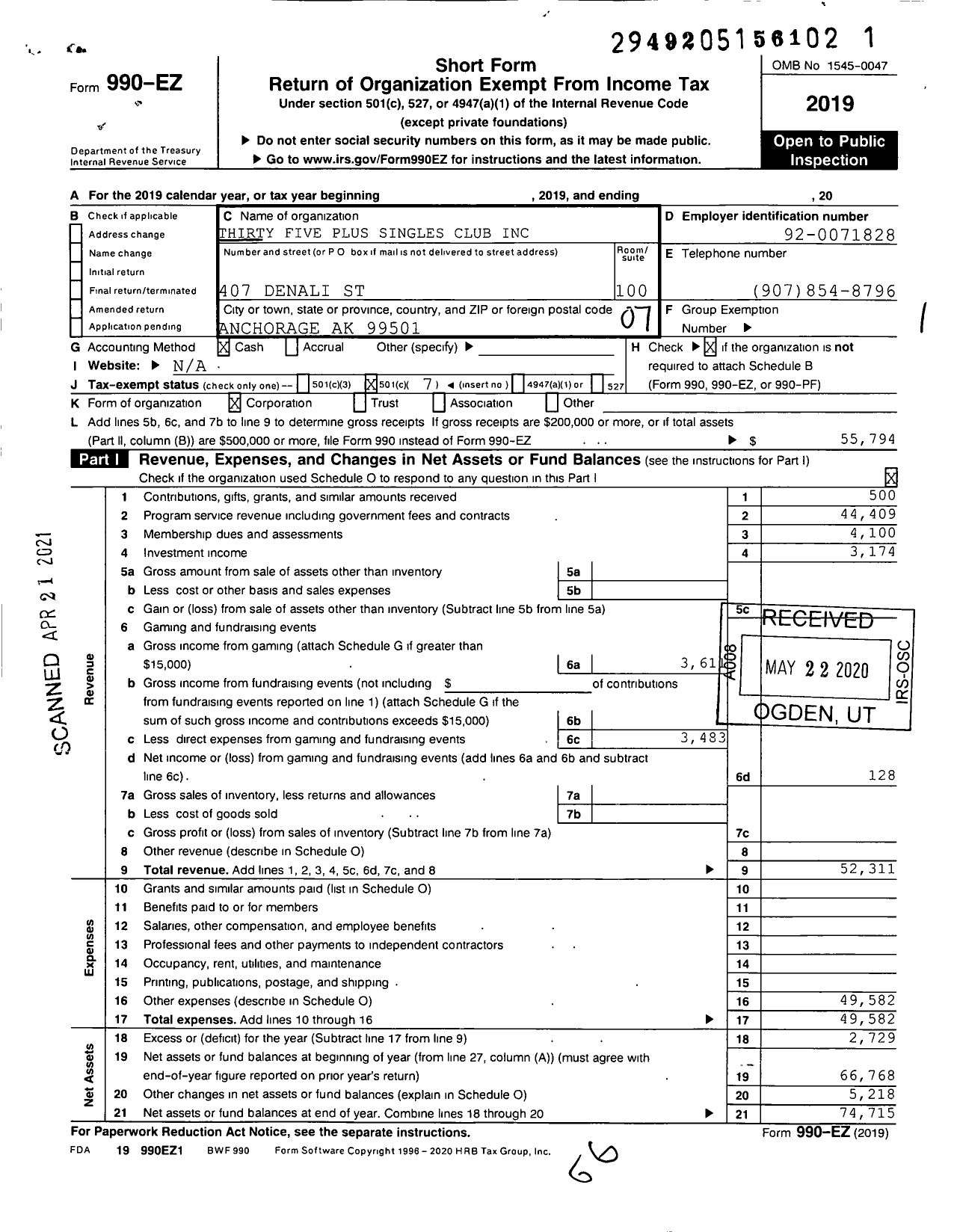 Image of first page of 2019 Form 990EO for Thirty Five Plus Singles Club