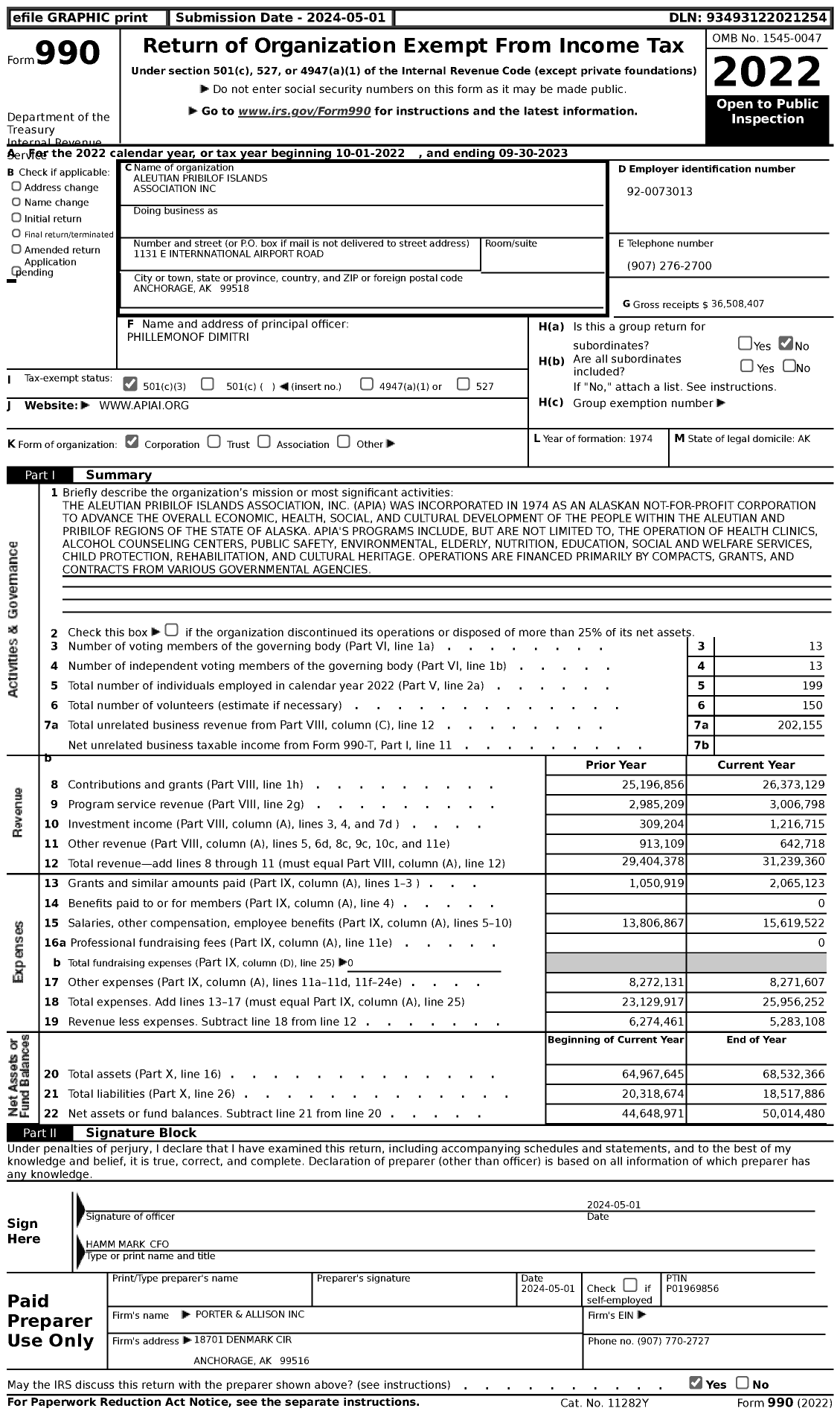 Image of first page of 2022 Form 990 for Aleutian Pribilof Islands Association (APIA)