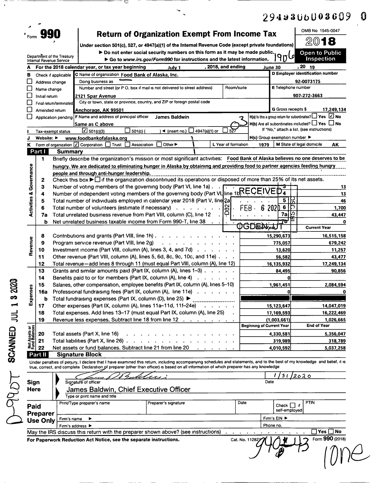 Image of first page of 2018 Form 990 for Food Bank of Alaska
