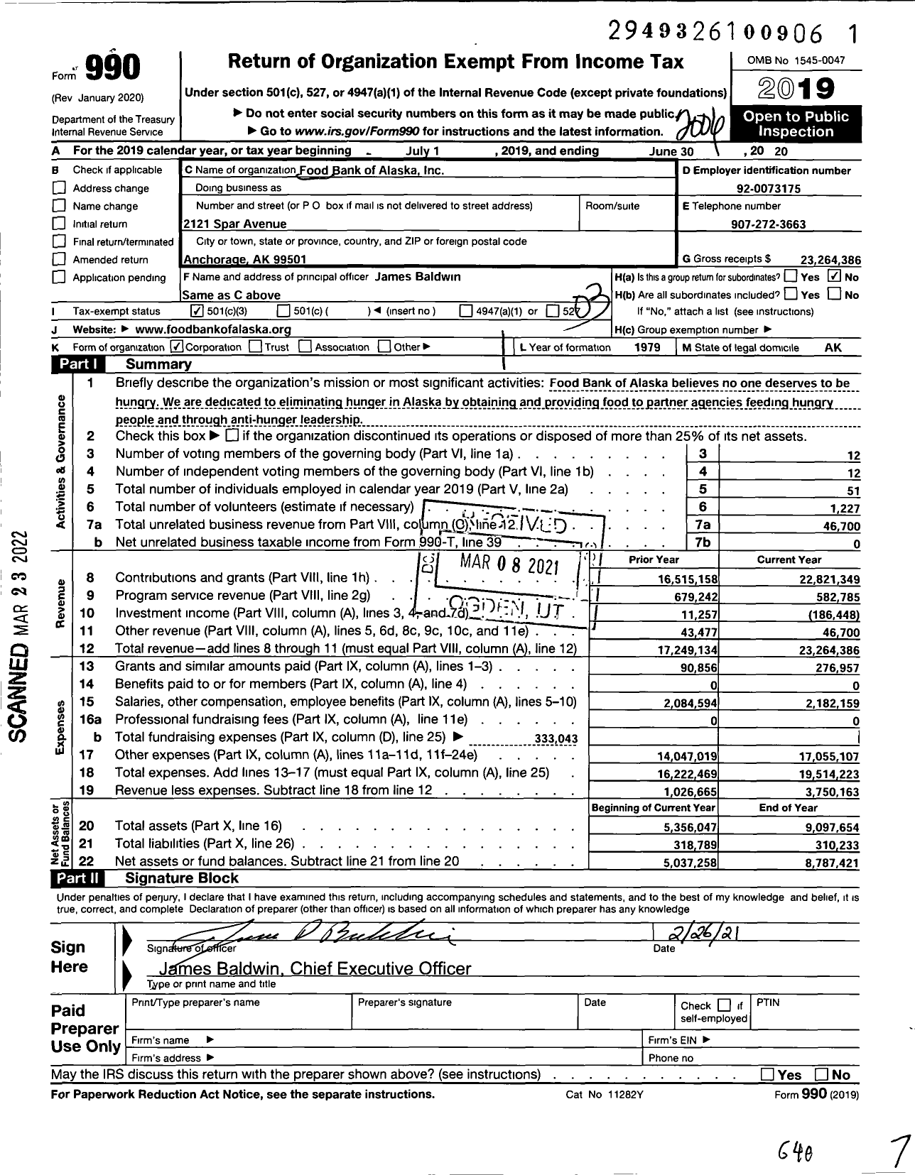 Image of first page of 2019 Form 990 for Food Bank of Alaska