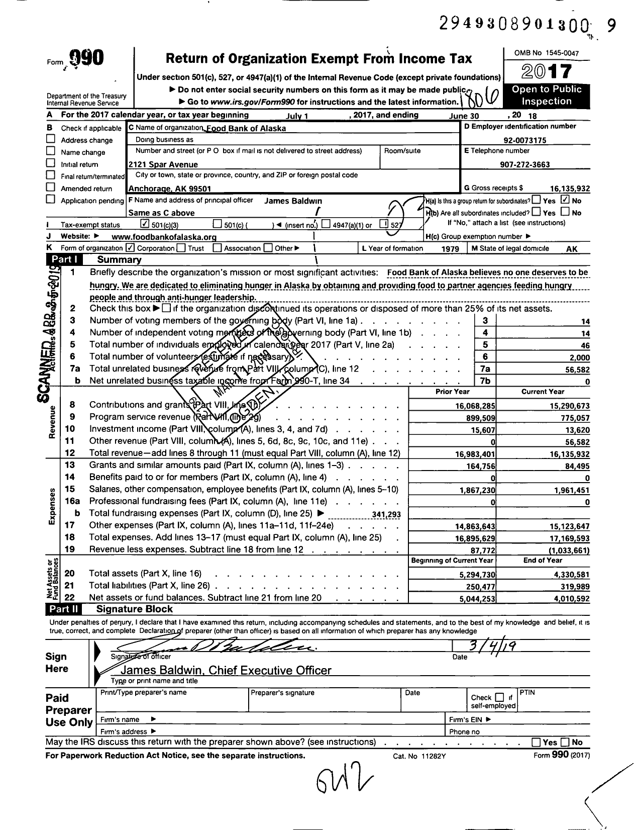 Image of first page of 2017 Form 990 for Food Bank of Alaska
