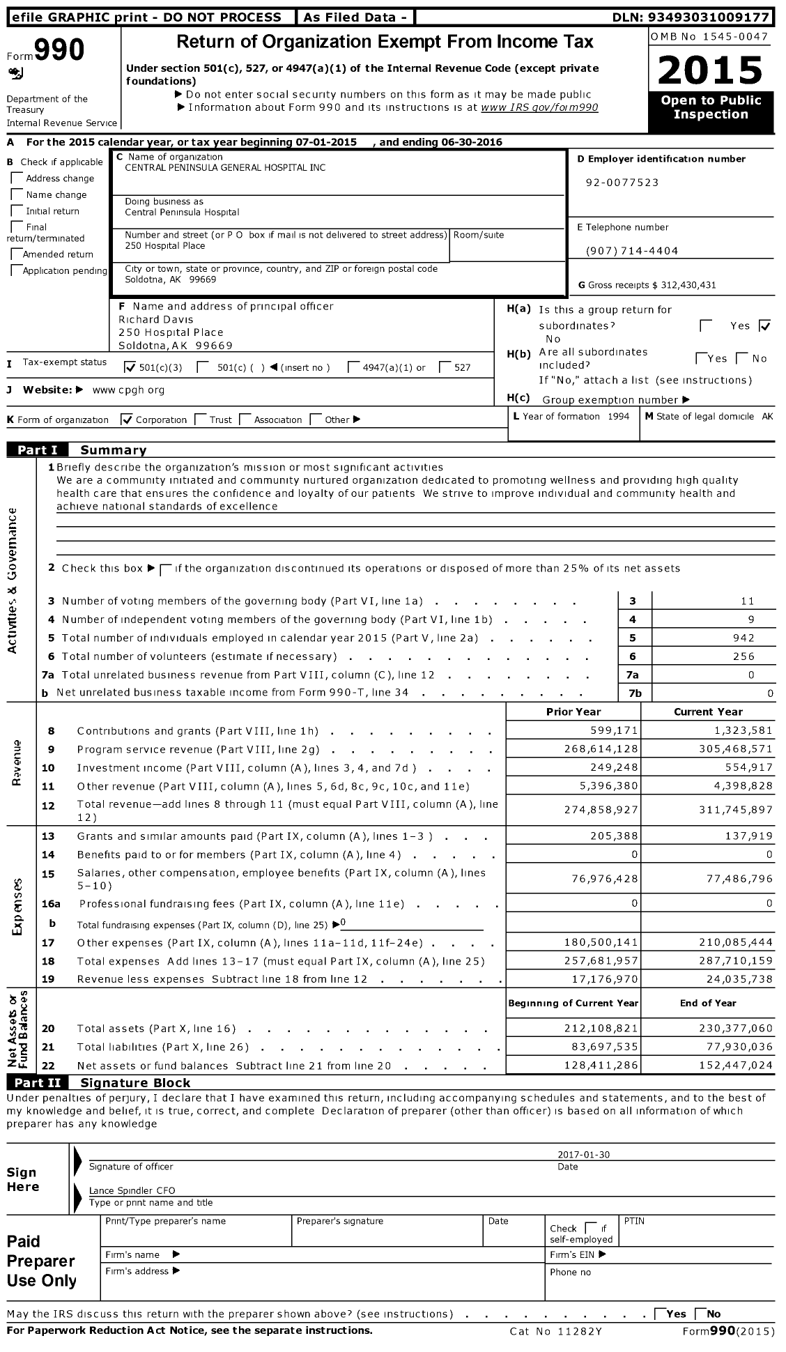Image of first page of 2015 Form 990 for Central Peninsula Hospital (CPH)