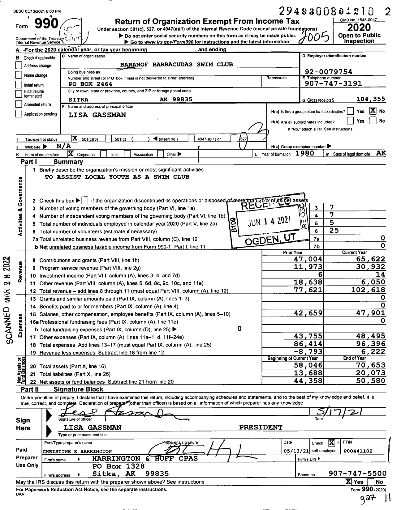 Image of first page of 2019 Form 990 for Baranof Barracudas Swim Club