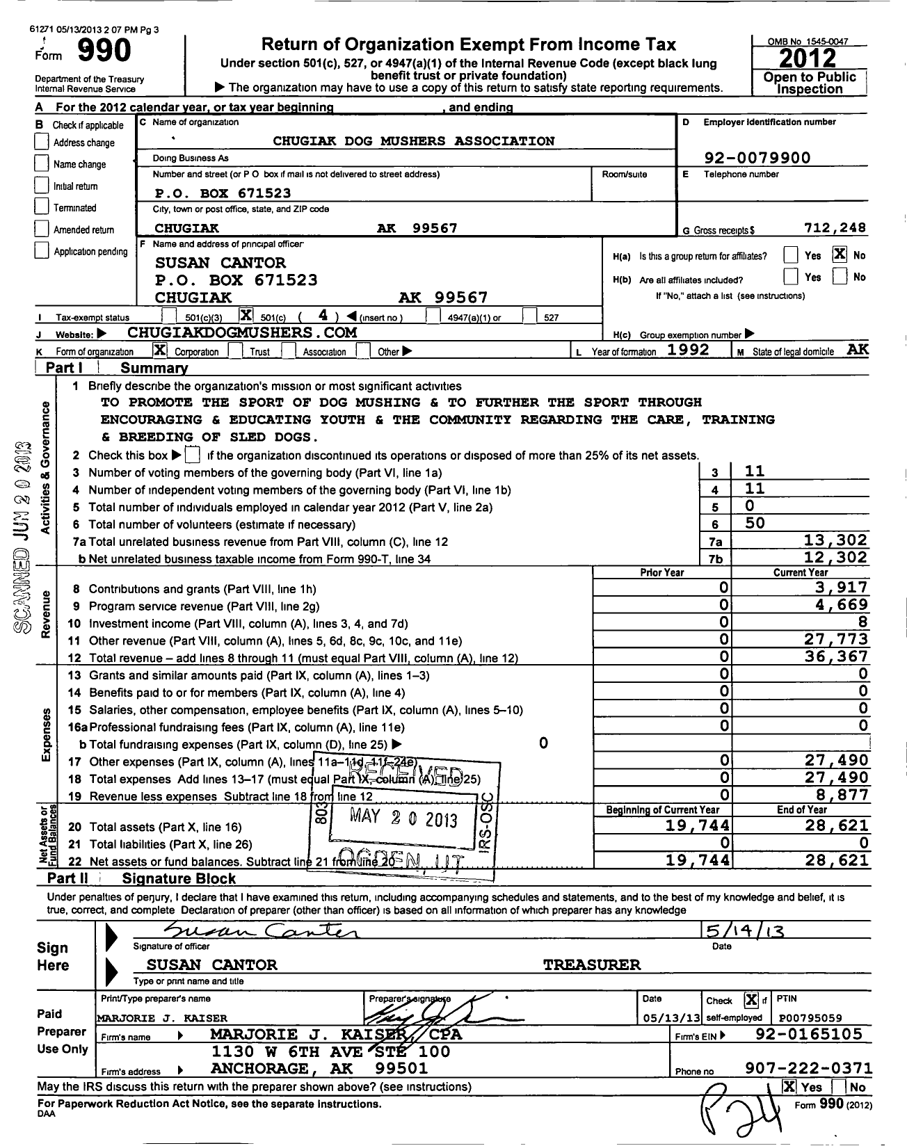 Image of first page of 2012 Form 990O for Chugiak Dog Mushers Association