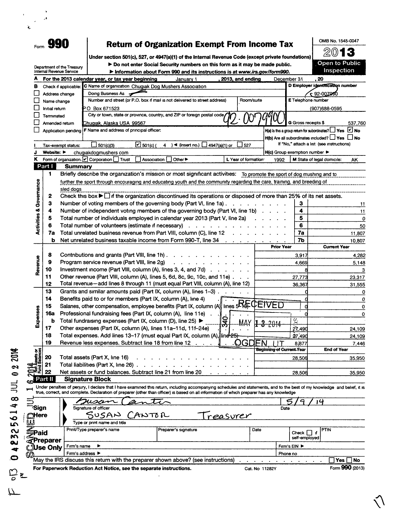 Image of first page of 2013 Form 990O for Chugiak Dog Mushers Association