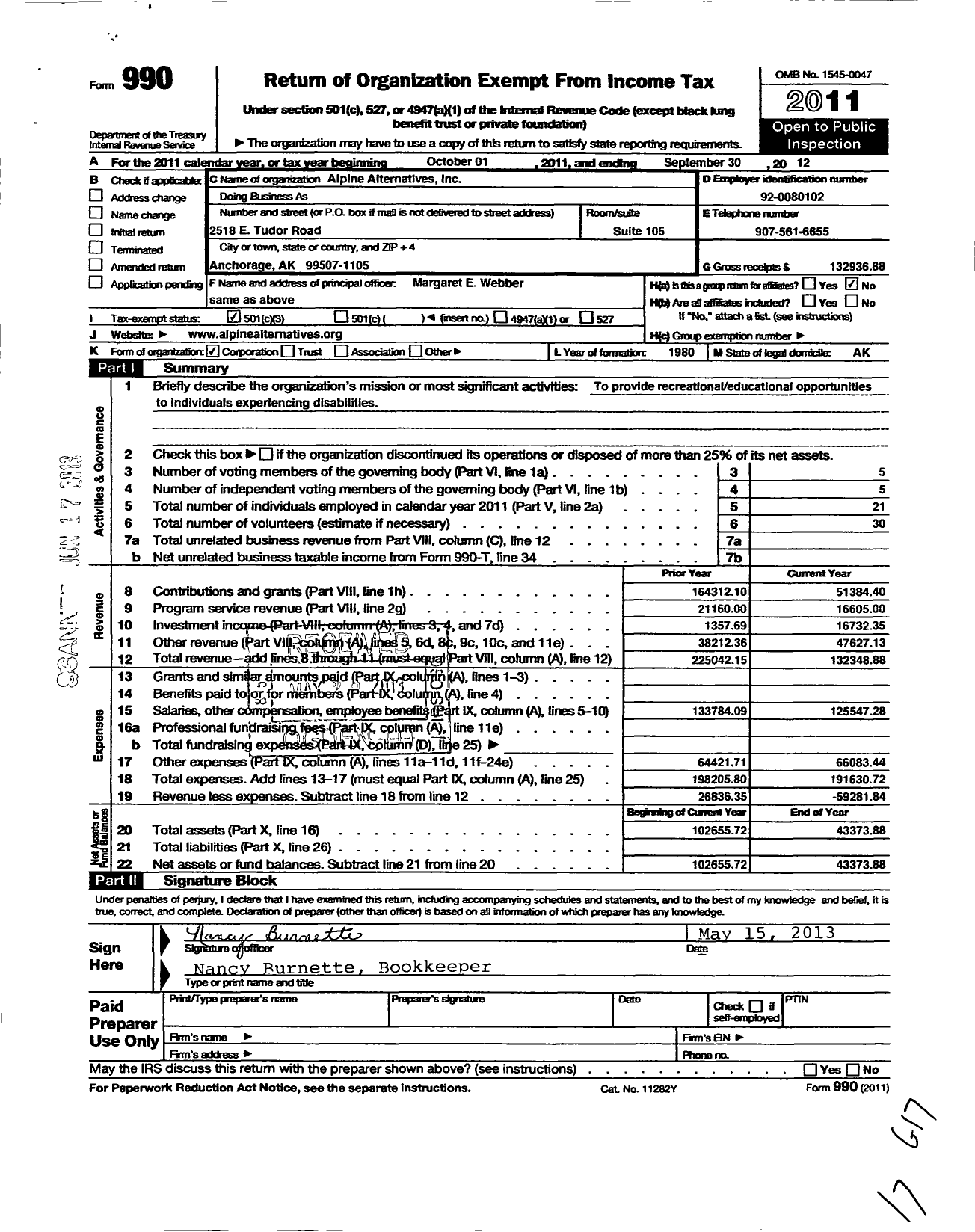 Image of first page of 2011 Form 990 for Alpine Alternatives