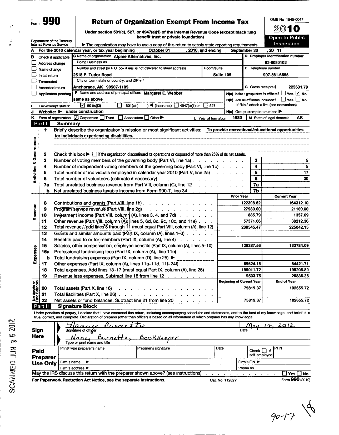 Image of first page of 2010 Form 990 for Alpine Alternatives