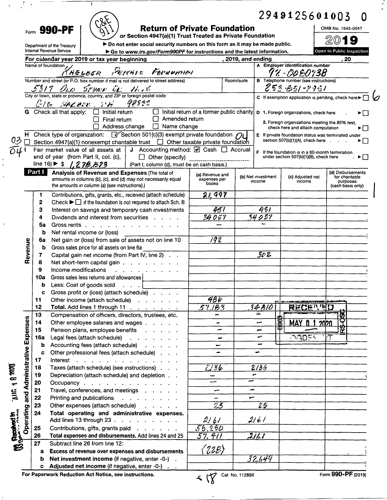 Image of first page of 2019 Form 990PR for Kaelber Private Foundation