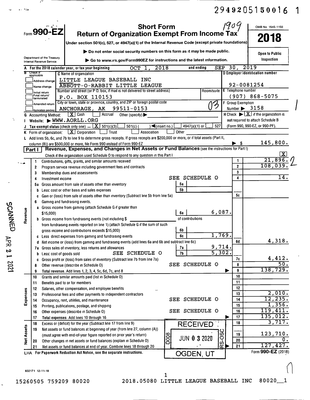 Image of first page of 2018 Form 990EZ for Little League Baseball - 4020130 Abbott O Rabbit LL