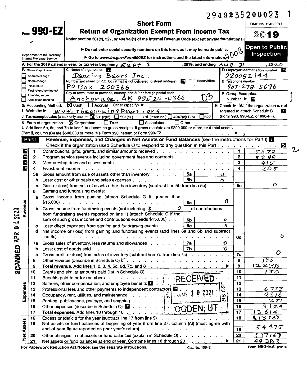 Image of first page of 2019 Form 990EZ for Dancing Bears