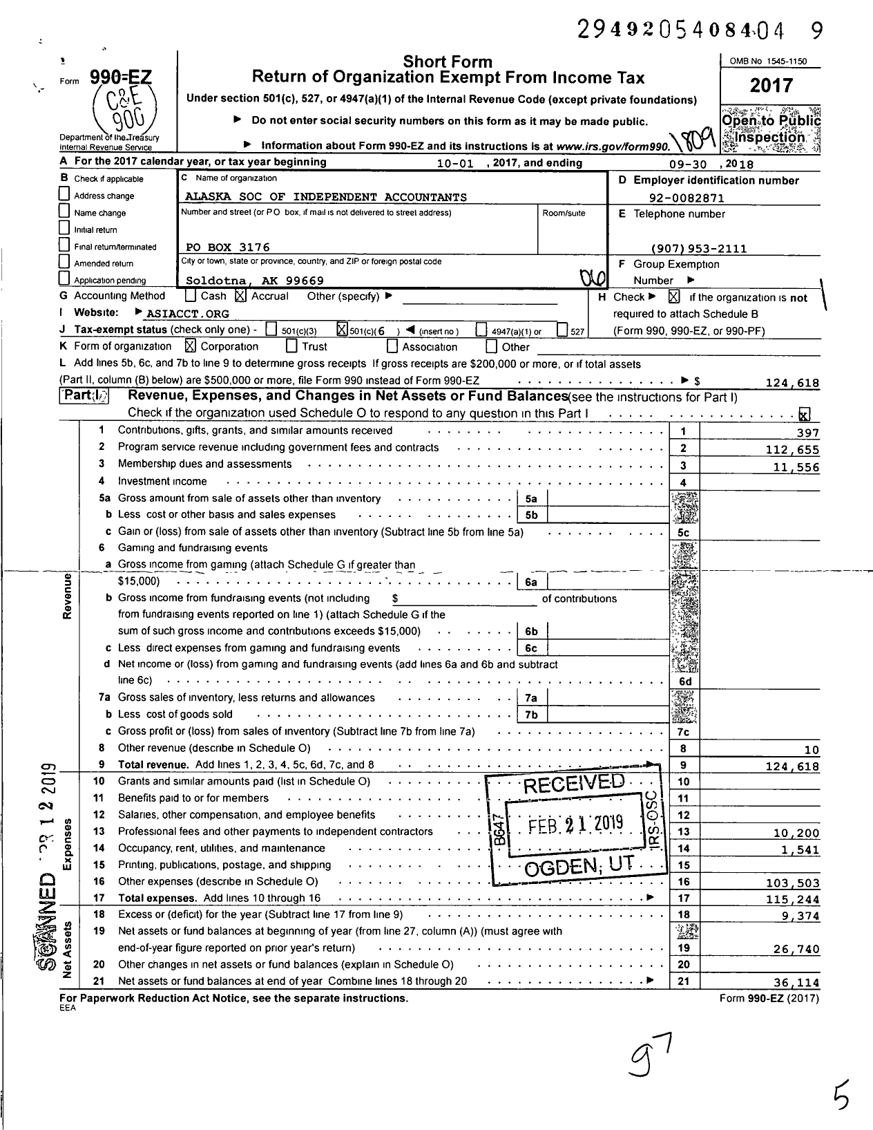 Image of first page of 2017 Form 990EO for Alaska Society of Independent Accountants