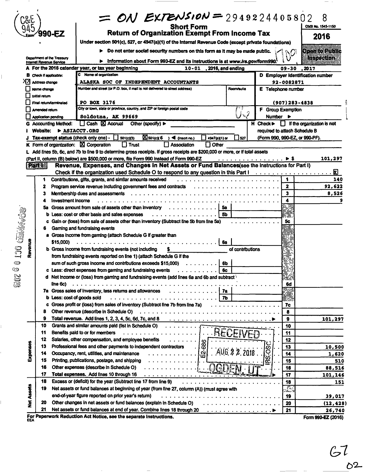 Image of first page of 2016 Form 990EO for Alaska Society of Independent Accountants