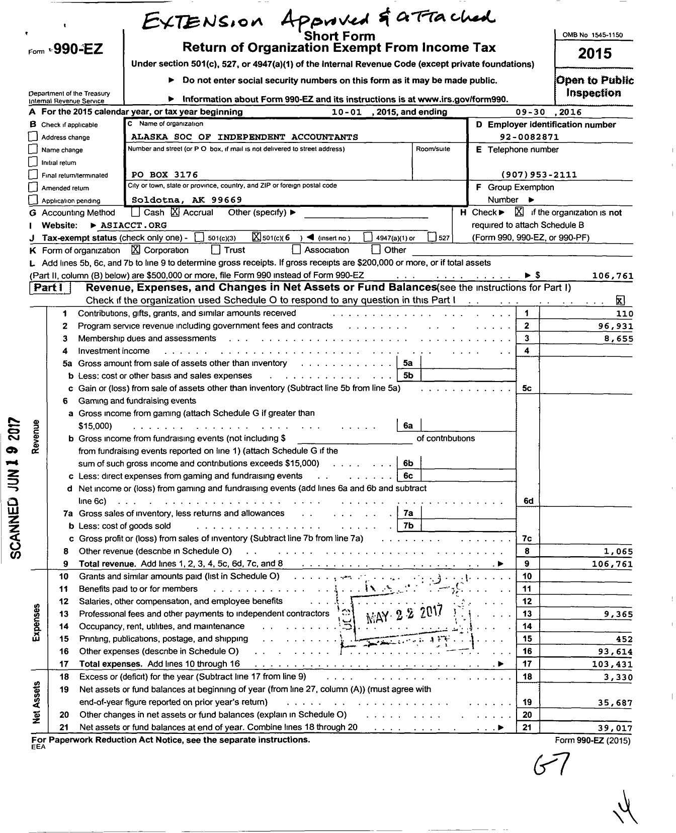 Image of first page of 2015 Form 990EO for Alaska Society of Independent Accountants