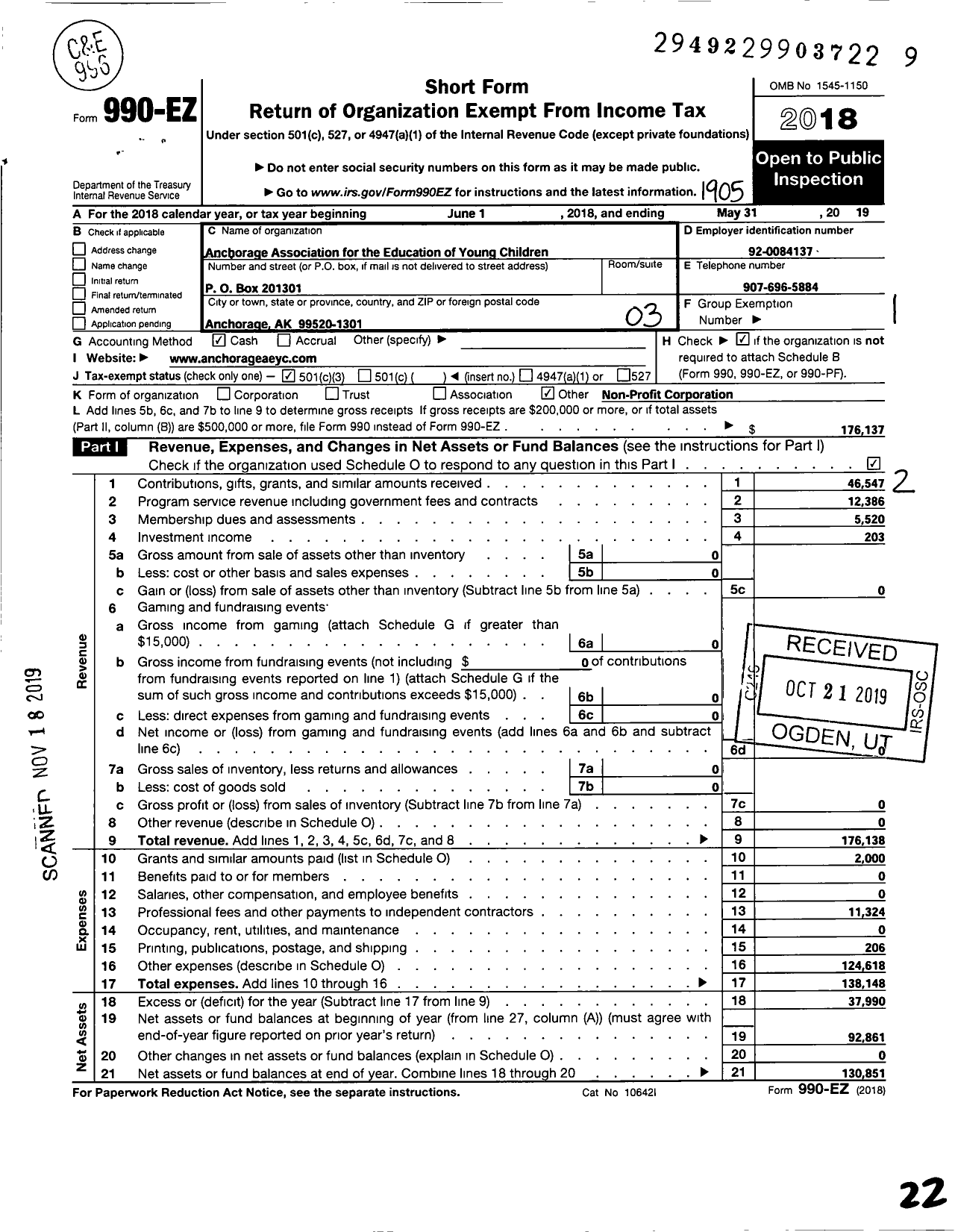 Image of first page of 2018 Form 990EZ for Anchorage Association for the Education of Young Children