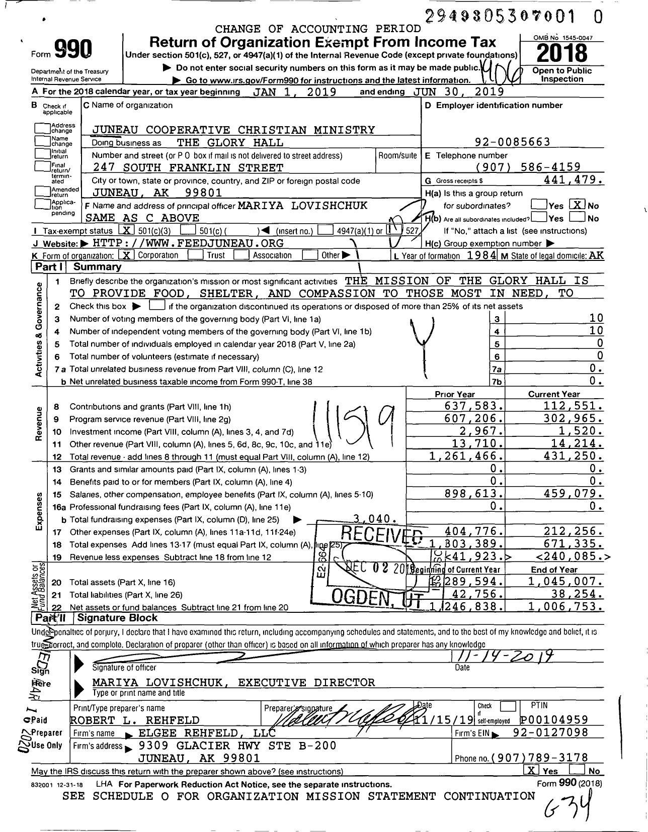 Image of first page of 2018 Form 990 for Juneau Cooperative Christian Ministry