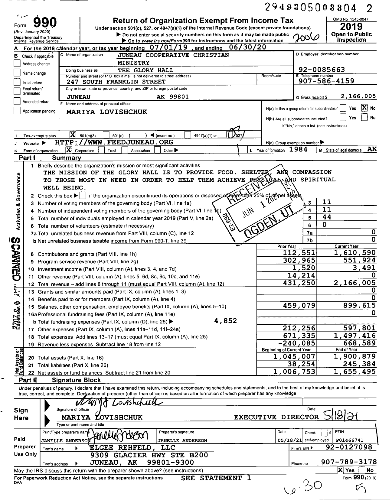 Image of first page of 2019 Form 990 for Juneau Cooperative Christian Ministry