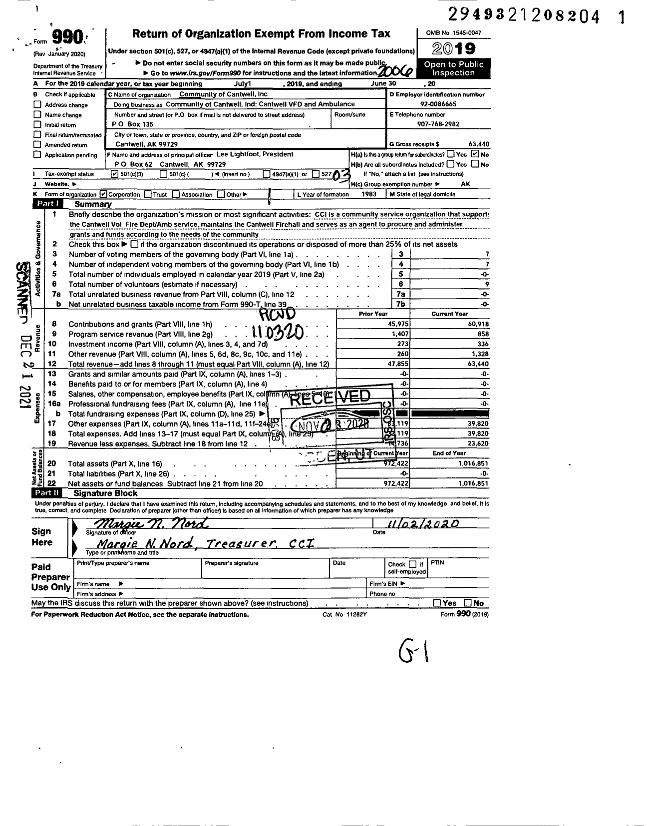 Image of first page of 2019 Form 990 for Cantwell Volunteer Fire Department Ambulance