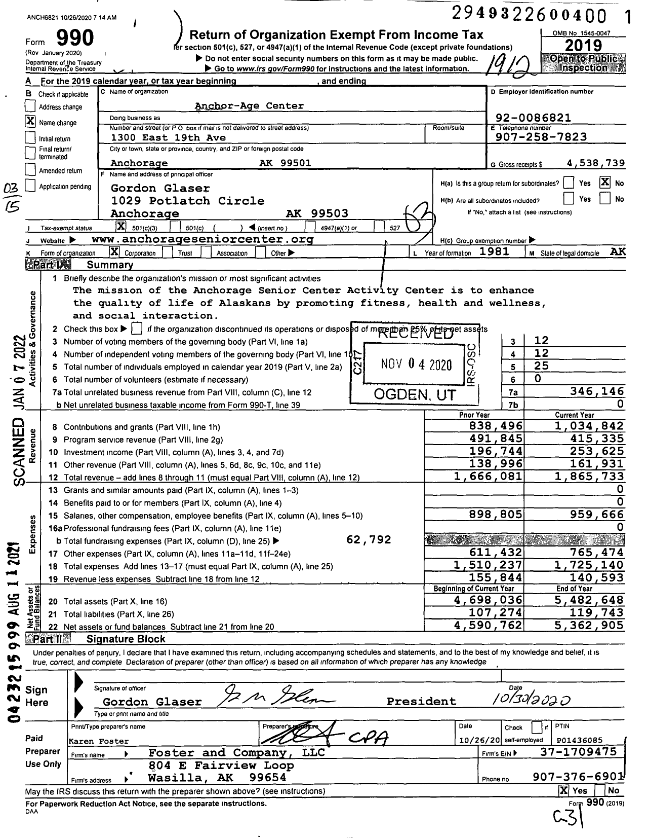 Image of first page of 2019 Form 990 for Anchor-Age Center