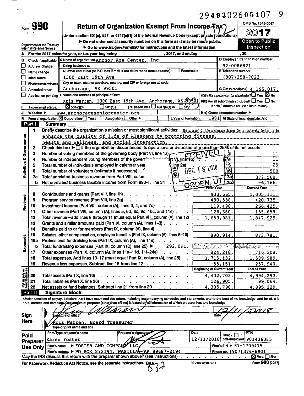 Image of first page of 2017 Form 990 for Anchor-Age Center