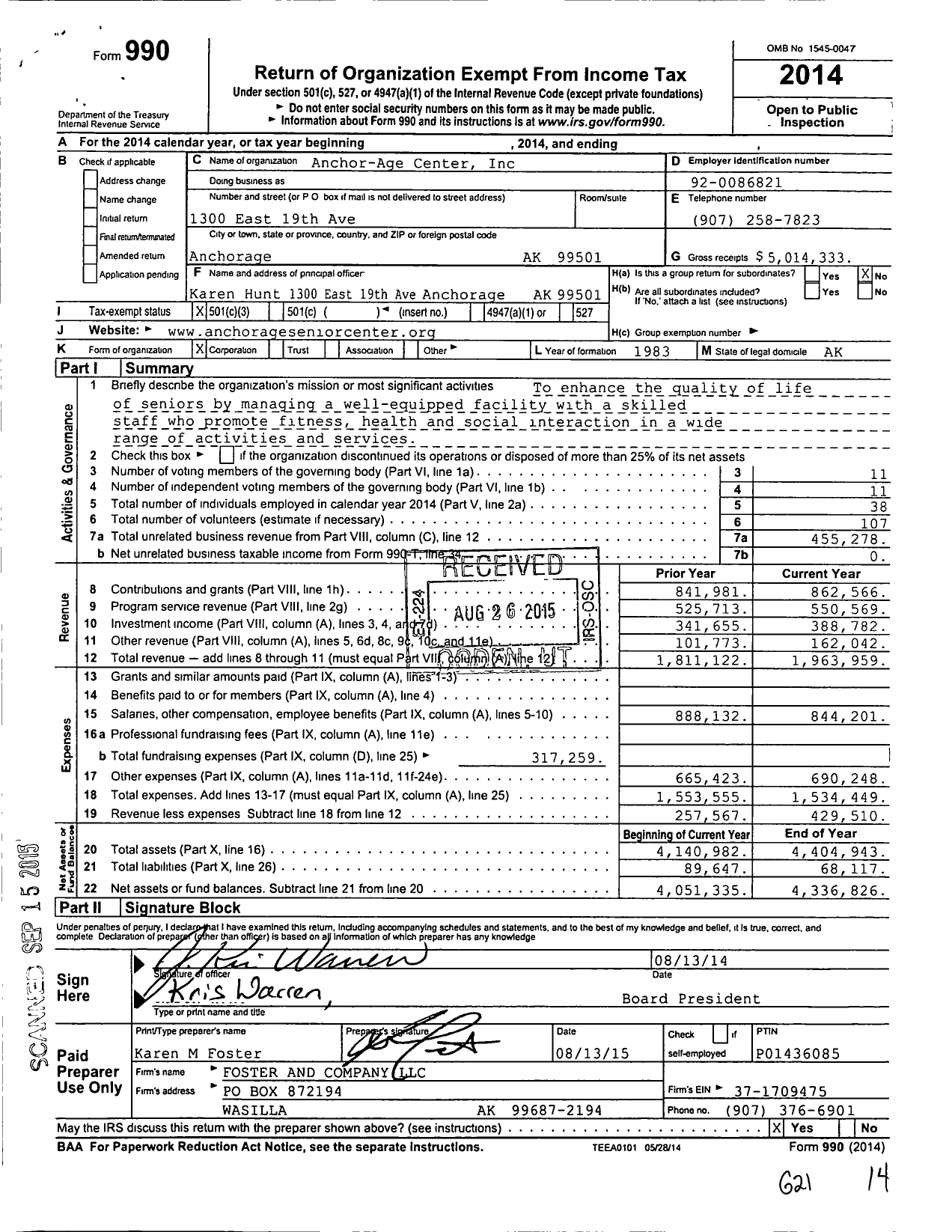 Image of first page of 2014 Form 990 for Anchor-Age Center