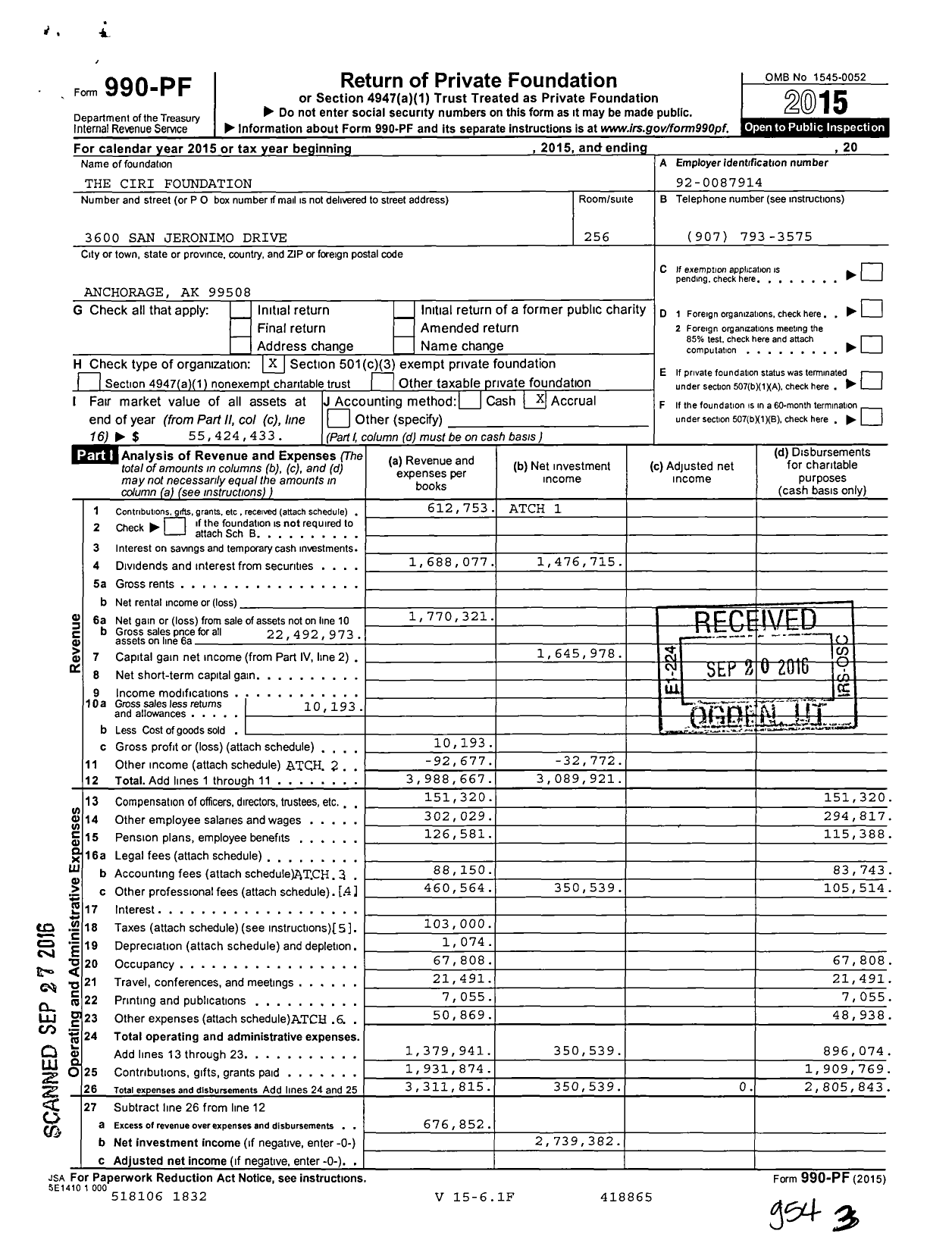 Image of first page of 2015 Form 990PF for The CIRI Foundation (TCF)
