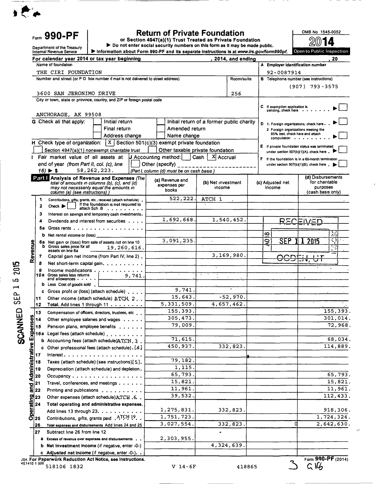 Image of first page of 2014 Form 990PF for The CIRI Foundation (TCF)