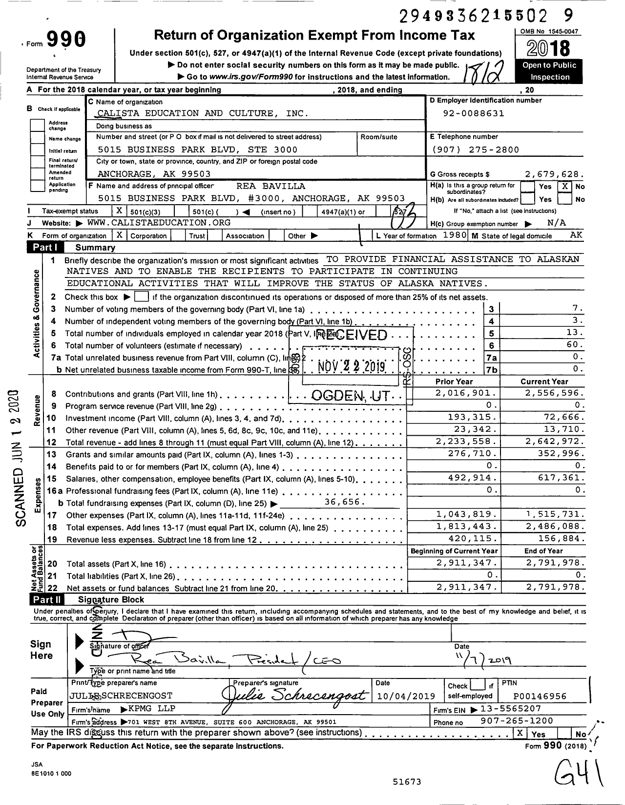 Image of first page of 2018 Form 990 for Calista Education and Culture