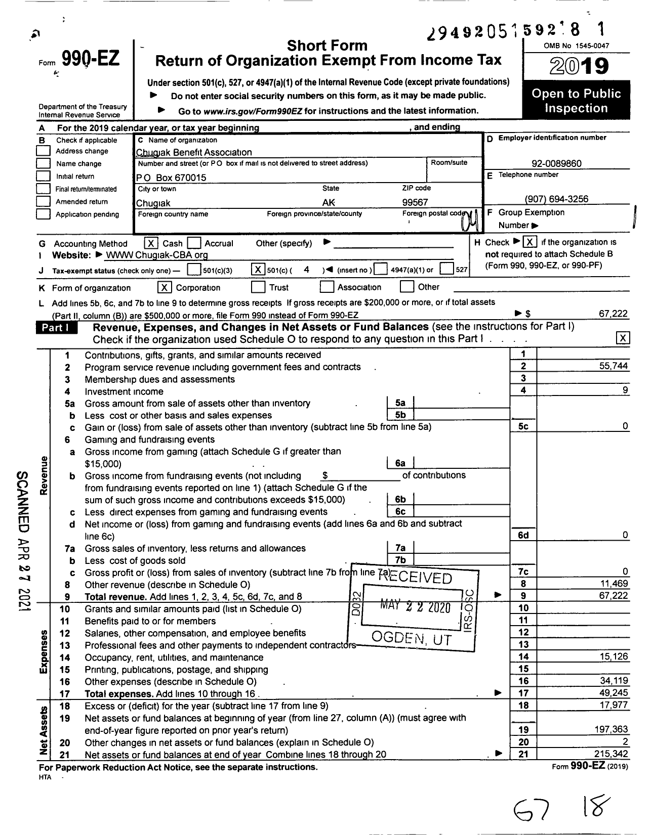 Image of first page of 2019 Form 990EO for Chugiak Benefit Association