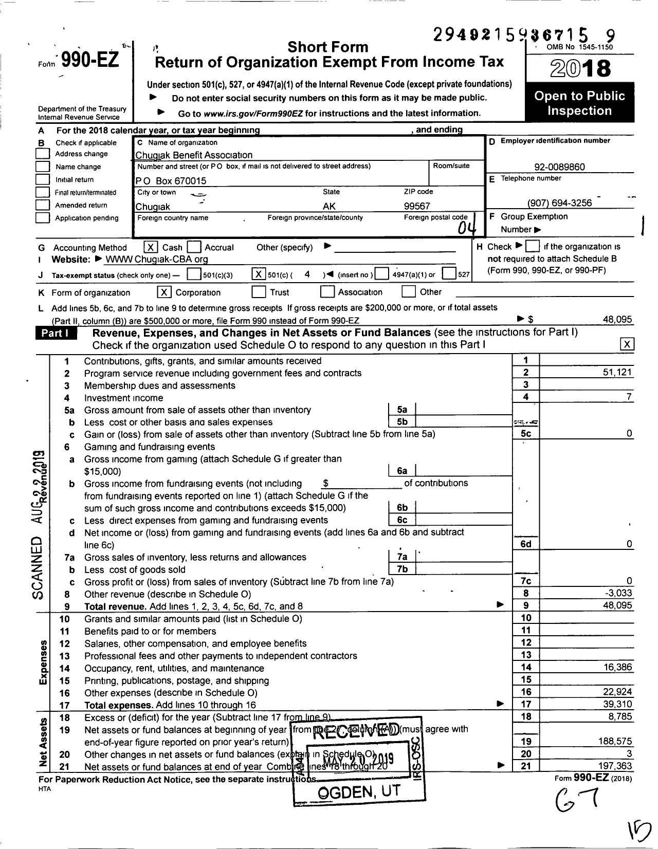 Image of first page of 2018 Form 990EO for Chugiak Benefit Association