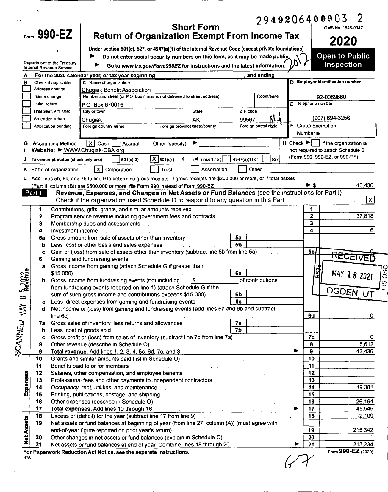 Image of first page of 2020 Form 990EO for Chugiak Benefit Association