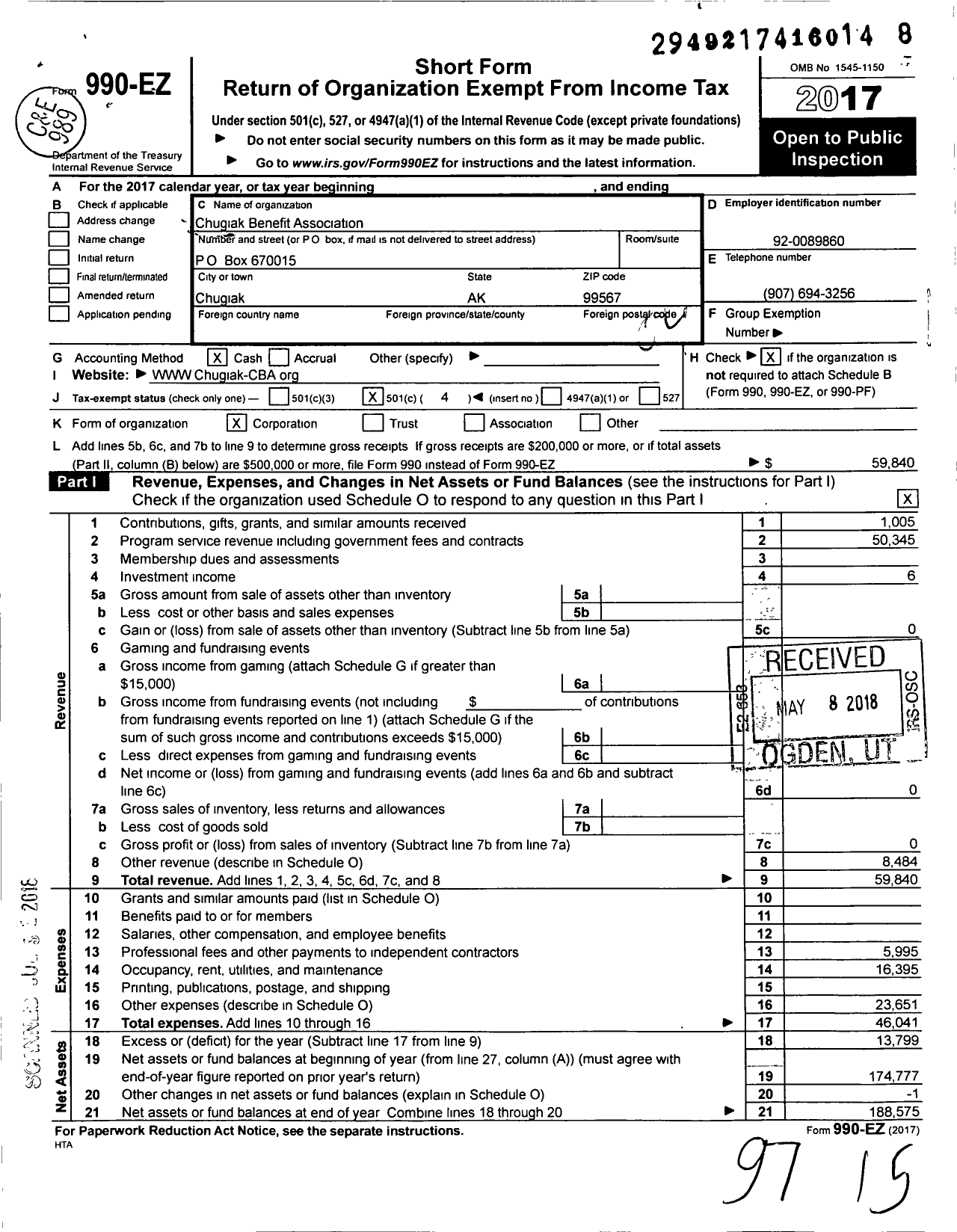 Image of first page of 2017 Form 990EO for Chugiak Benefit Association