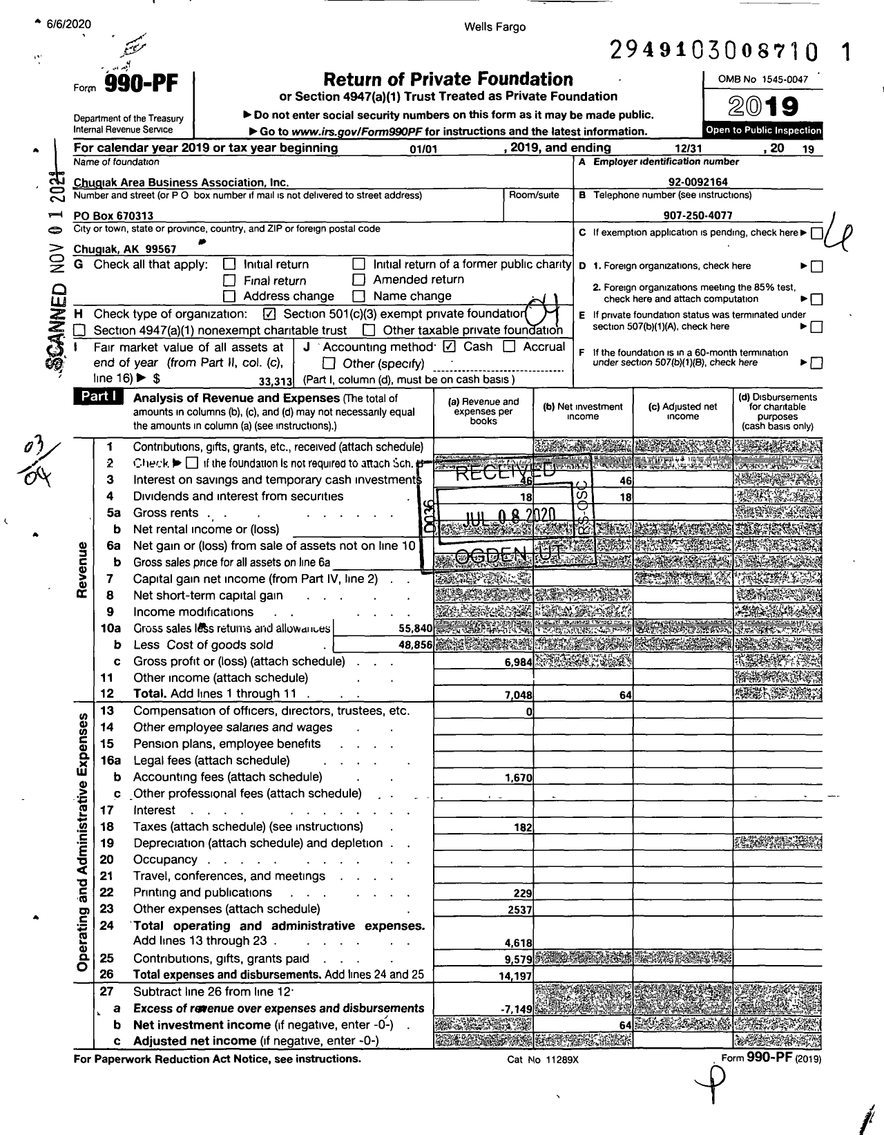 Image of first page of 2019 Form 990PF for Chugiak Area Business Association