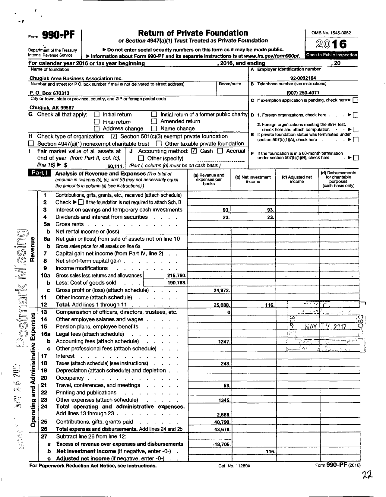 Image of first page of 2016 Form 990PF for Chugiak Area Business Association