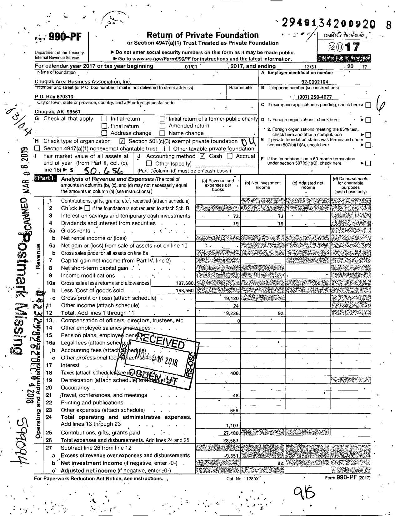 Image of first page of 2017 Form 990PF for Chugiak Area Business Association