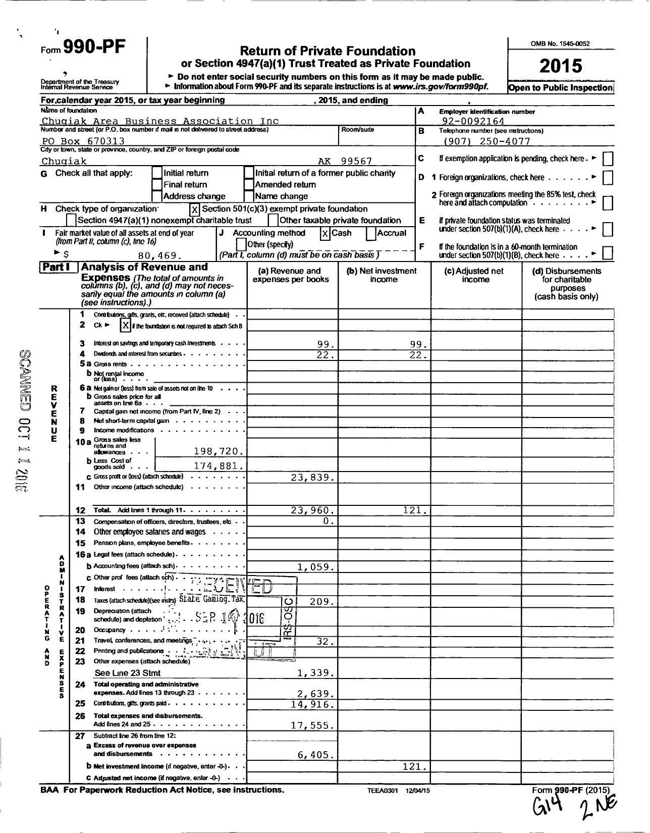 Image of first page of 2015 Form 990PF for Chugiak Area Business Association