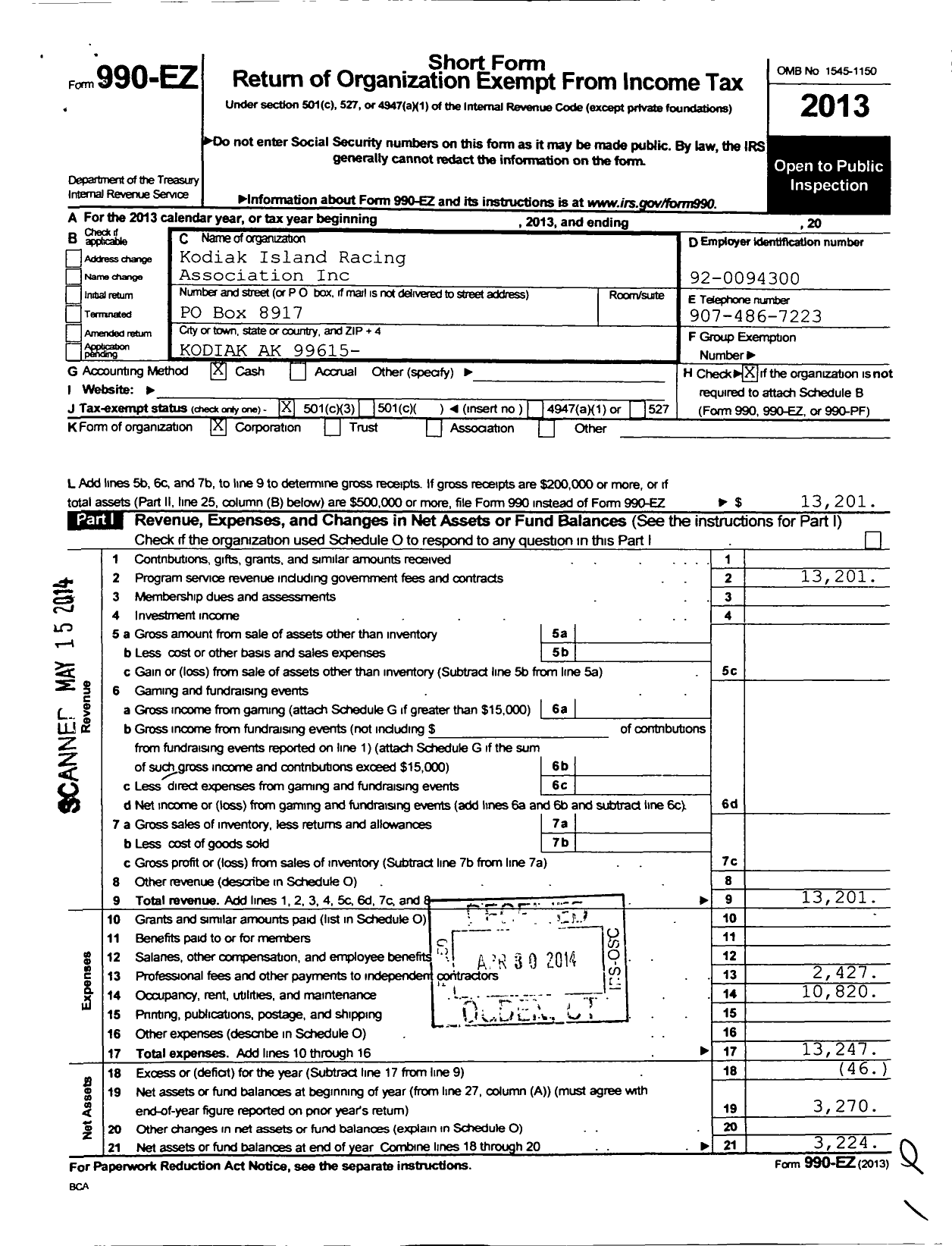 Image of first page of 2013 Form 990EZ for Kodiak Island Racing Association