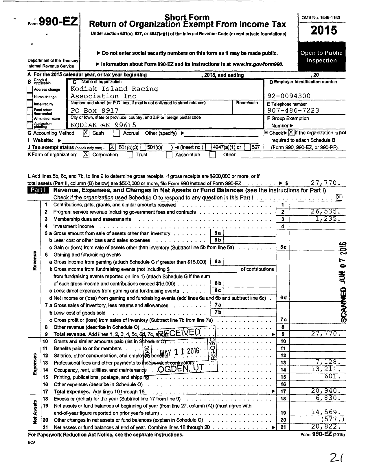 Image of first page of 2015 Form 990EZ for Kodiak Island Racing Association