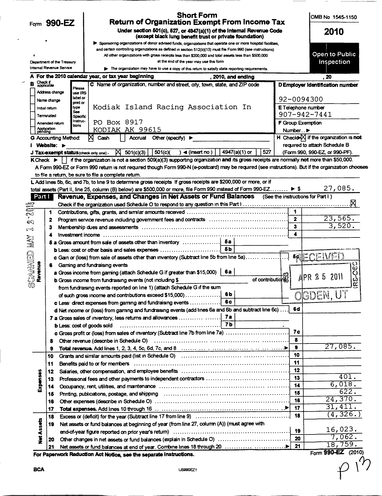 Image of first page of 2010 Form 990EZ for Kodiak Island Racing Association