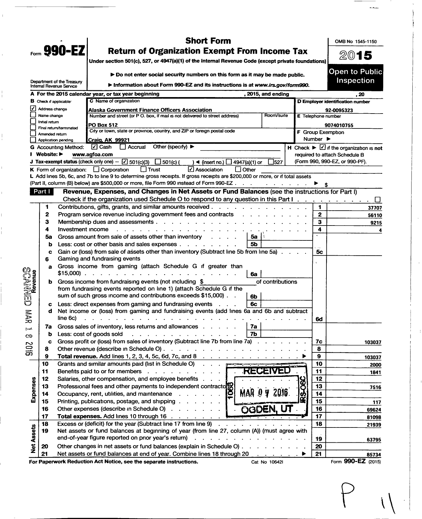 Image of first page of 2015 Form 990EZ for Alaska Government Finance Officers Association