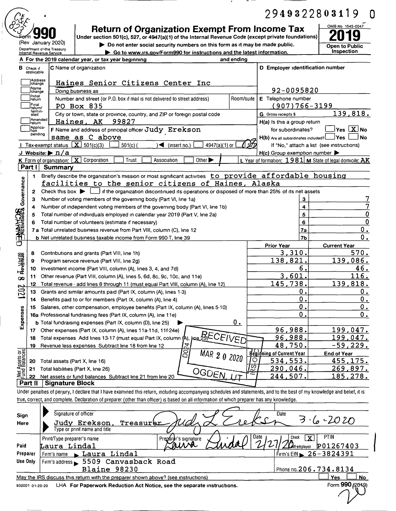 Image of first page of 2019 Form 990 for Haines Senior Citizens Center