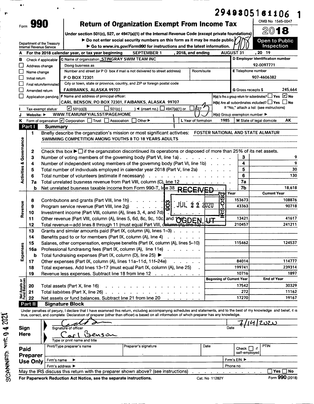 Image of first page of 2018 Form 990 for Stingray Swim Team