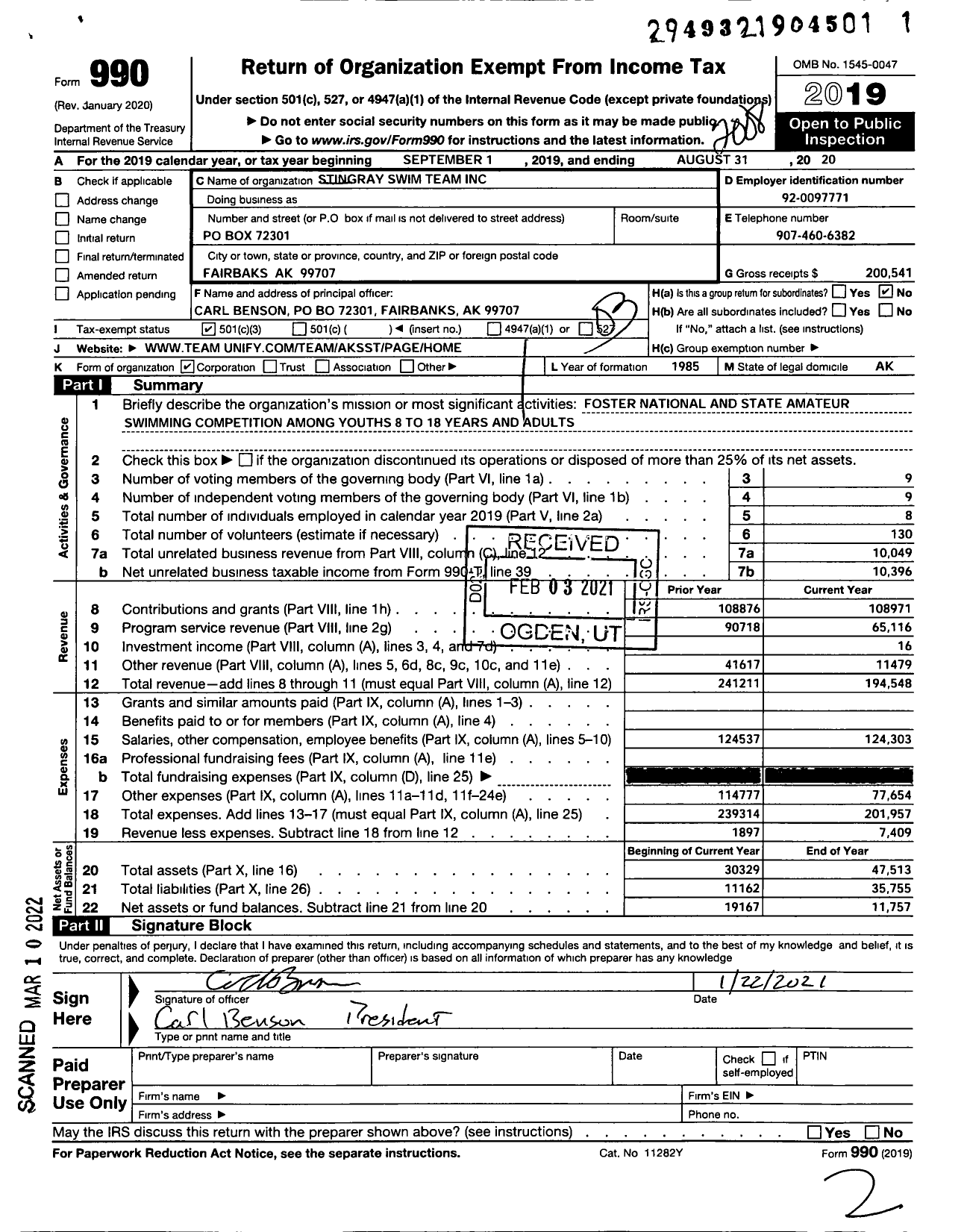 Image of first page of 2019 Form 990 for Stingray Swim Team