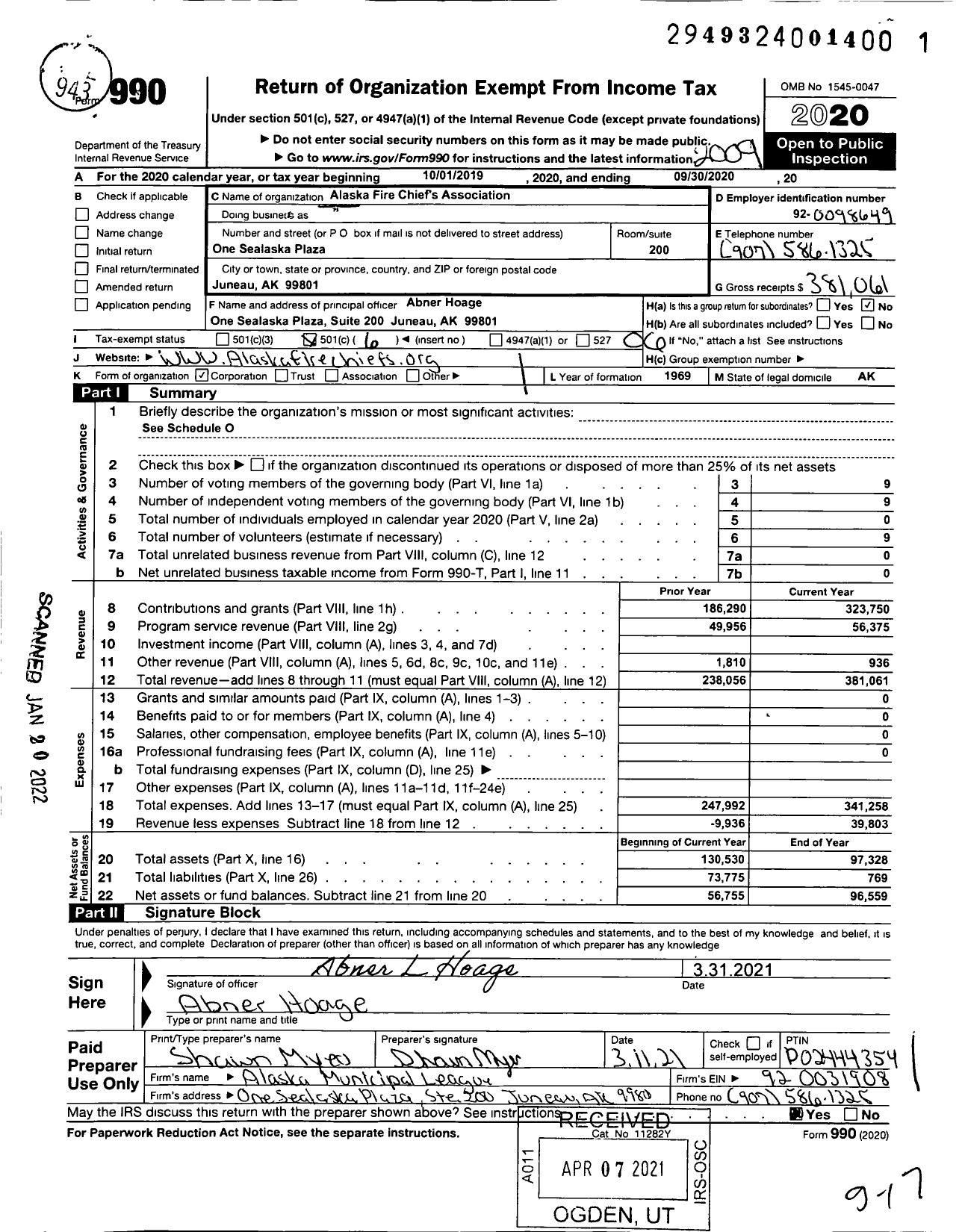 Image of first page of 2019 Form 990O for Alaska Fire Chiefs Association (AFCA)