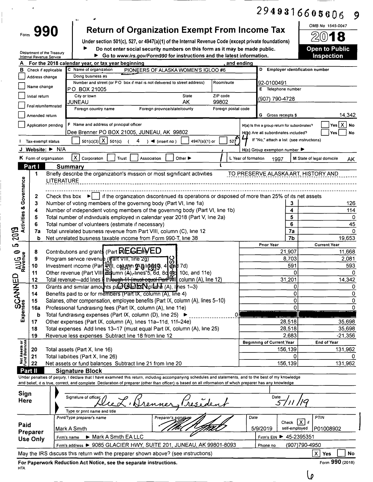 Image of first page of 2018 Form 990O for Pioneers of Alaska - 6 Womens Igloo