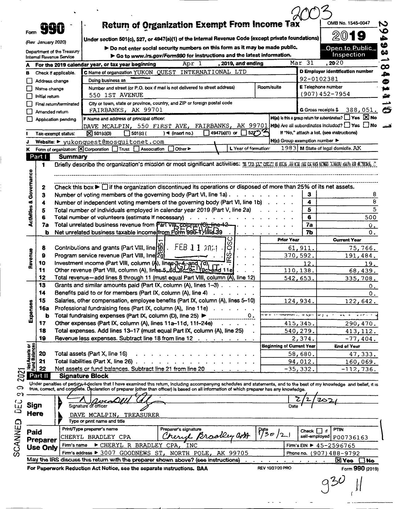 Image of first page of 2019 Form 990 for Yukon Quest International