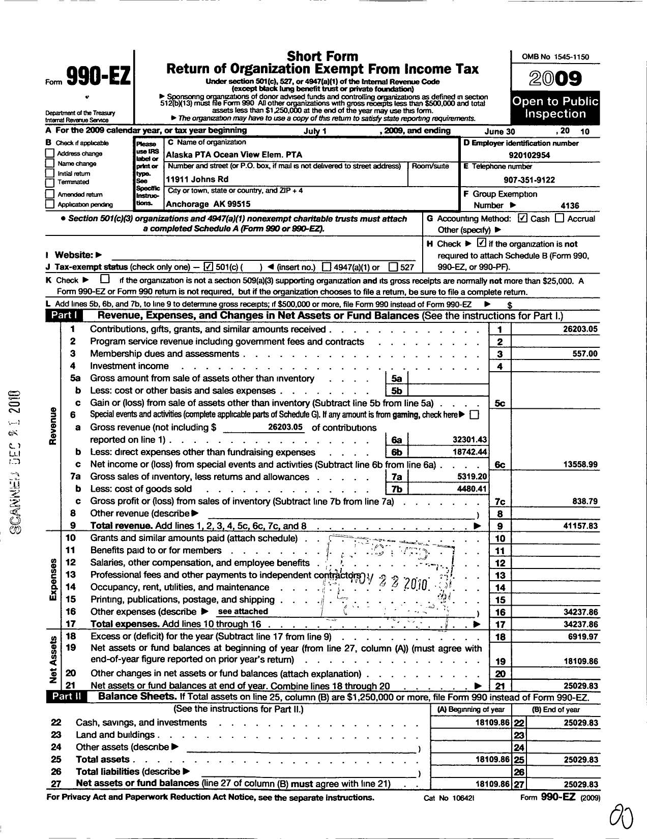 Image of first page of 2009 Form 990EO for Alaska PTA / Ocean View Elem PTA