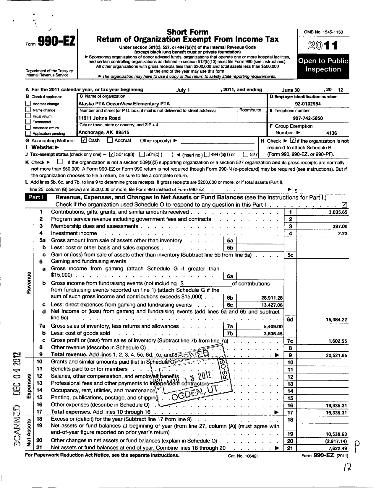 Image of first page of 2011 Form 990EZ for Alaska PTA / Ocean View Elem PTA