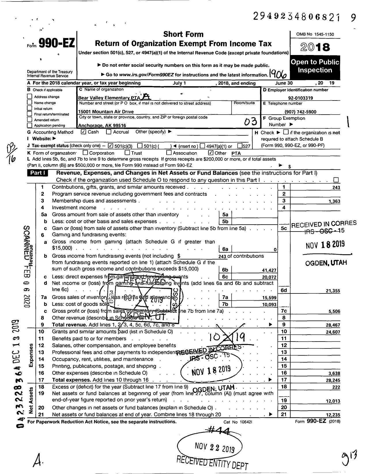 Image of first page of 2018 Form 990EZ for Bear Valley Elementary PTA